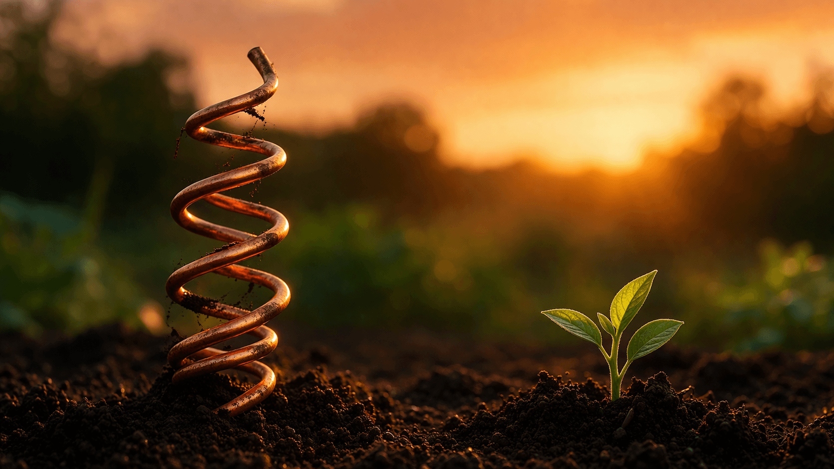 Copper spiral electroculture antenna in soil at golden hour